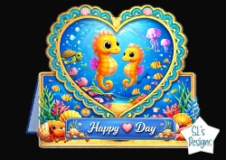 Cute Seahorse Heart Frame Topper with Coral Reef & Happy Day Banner