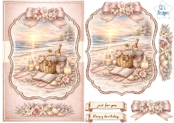Romantic Sunset Beach Picnic Card Topper with Lanterns, Flowers and Seashell Embellishments