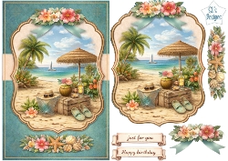 Tropical Beach Sailboat Card Topper with Palm Trees, Coconut Drink and Floral Embellishments