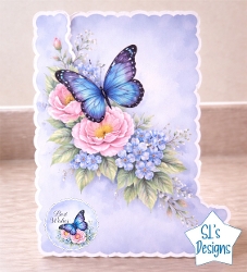 Blue Butterfly & Pink Peonies Card Front – Floral Bouquet, Soft Pastel Background