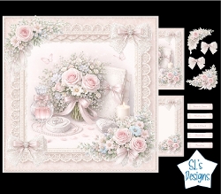Romantic Wedding Floral Card Kit – Roses, Rings & Lace – Elegant Bride & Groom Printable