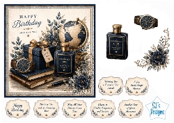 Elegant Birthday Card Kit – Navy & Gold Globe, Gift Box & Floral Accents – Luxury Printable