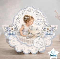 Little Girl Birthday Card Front with Cake, Blue Florals and Sweet Illustration