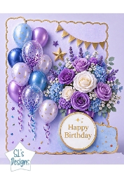 Elegant Purple & Blue Floral Birthday Topper with Balloons & Gold Accents