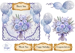 Pastel Blue & Lavender Floral Balloon Topper Set with Gold Sentiments – Birthday, Thank You & Congratulations