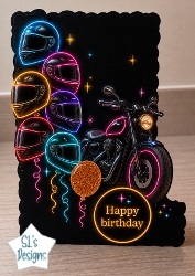 Neon Motorcycle & Helmet Balloons Birthday Topper – Biker Glow Card Front