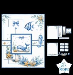 Ocean Animals Card Front with Whale, Seahorse and Fish – Blue & Green Sea Life Set