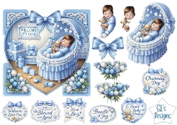 Baby Boy Bassinet Card Front – Blue Newborn Printable with Sentiment Labels