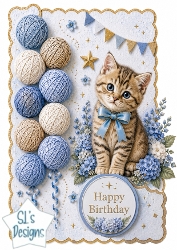 Blue Kitten & Flowers Birthday Topper – Gold Scalloped Card Front
