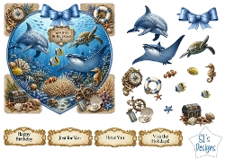 Ocean Heart Card Kit – Dolphins, Sea Turtle, Coral Reef & Nautical Elements – Marine Printable Topper
