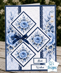 Blue Flower Card Kit – Diamond Panels, Navy Ribbon & Elegant Best Wishes Topper