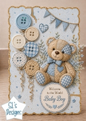 Baby Boy Welcome Card Front – Patchwork Teddy & Blue Newborn Topper