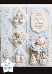 Blue Baby Shoes & Teddy Panels – Sweet Welcome Little One Card Front
