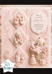 Pink Baby Shoes & Teddy Panels – Sweet Welcome Little One Card Front
