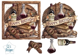 Wine & Rustic Birthday Card Front – Red Wine, Books & Vintage Masculine Topper