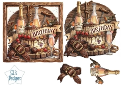 Champagne Birthday Celebration Card Front – Cake, Bubbly & Rustic Vintage Topper