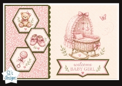 Welcome Baby Girl Cradle & Pink Hexagon Panels – Newborn Card Topper