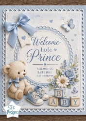 Welcome Little Prince – Blue Teddy & Baby Shoes Newborn Announcement Topper