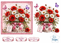 Poppy & Daisy Floral Vase Card Front – Elegant Mothers Day Printable with Sentiment Labels