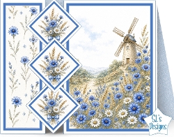 Blue Cornflowers & Country Windmill Pastoral Card Front
