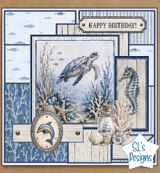 Sea Turtle & Ocean Treasures Nautical Blue Birthday Card Front