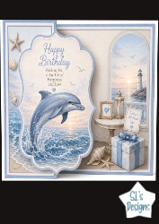 Coastal Dolphin Birthday Card Front – Ocean Sunset, Lighthouse & Seashell Design
