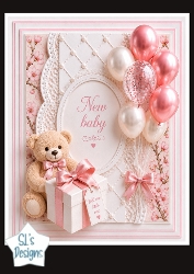 Pink New Baby Teddy & Balloons Card Topper