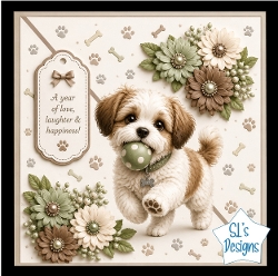 Cute Puppy with Green Polka‑Dot Ball Floral Card Front