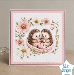 Cute Hedgehog Couple in Pink Nest Floral Card Front