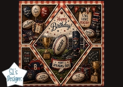 Rugby Birthday Card Topper with Trophy and Team Spirit Quotes