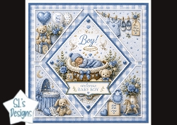 Baby Boy Newborn Card Topper with Cradle and Soft Blue Nursery Elements