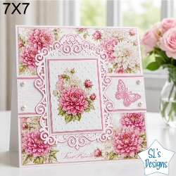 Pink Dahlia Floral Card Topper – Elegant 7x7 Lace Frame Design