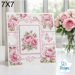 Pink Peony Floral Card Topper – Elegant 7x7 Lace Frame Design