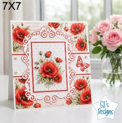 Red Poppy Floral Card Topper – Elegant 7x7 Lace Frame Design