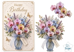 Pastel Floral Vase Happy Birthday Card Topper