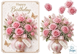 Pink Rose Vase Happy Birthday Card Topper