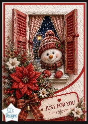 Snowman in Festive Window Just For You Christmas Card Topper