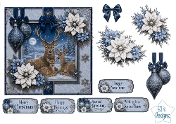Winter Deer Card Topper – Elegant Blue & Silver Holiday Design