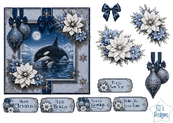 Winter Orcas Card Topper – Elegant Blue & Silver Holiday Design