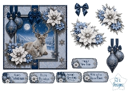 Winter Reindeer Card Topper – Elegant Blue & Silver Holiday Design