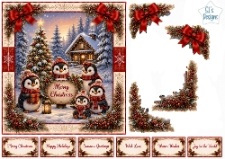 Whimsical Christmas Penguins – Festive Tree & Cozy Winter Cabin Scene
