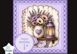 Lavender Happy Birthday Card Topper – Rustic Vase & Lantern Design