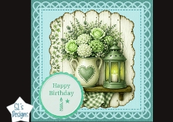 Green Rustic Happy Birthday Card Topper – Lantern & Floral Vase