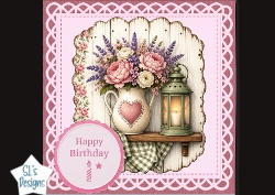 Pink Rustic Happy Birthday Card Topper – Floral Pitcher & Lantern