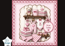 Pink New Baby Girl Card Topper – Clothes, Teddy & Nursery Shelf