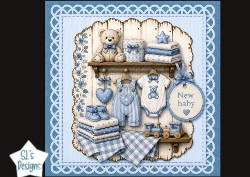 Blue New Baby Boy Card Topper – Clothes, Teddy & Nursery Shelf