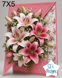 Elegant 7x5 Pink & White Lily Floral Card Topper for Handmade Crafts