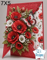 Elegant 7x5 Red & White Poppy Floral Card Topper with Butterfly