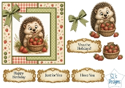 Cute Hedgehog & Strawberry Basket Card Kit with Decoupage, Gingham Papers, Bow & Sentiments