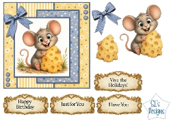 Cute Mouse & Cheese Card Kit with Decoupage, Yellow & Blue Papers, Bow and Sentiments